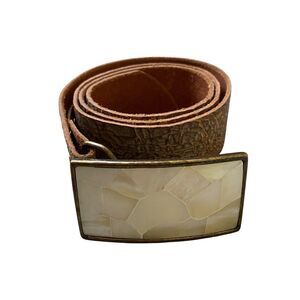 Leather Belt Buckle Women M Brown Leather Mother Of Pearl Boho Gipsy Grunge